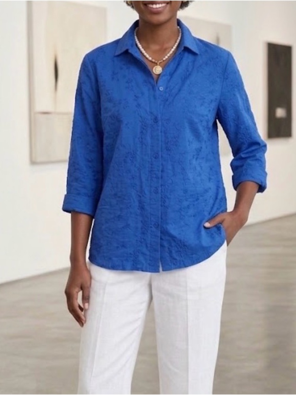 Vintage 90s Chico's Vintage Silk Linen Royal Blue Embroidered Button-Down Shirt